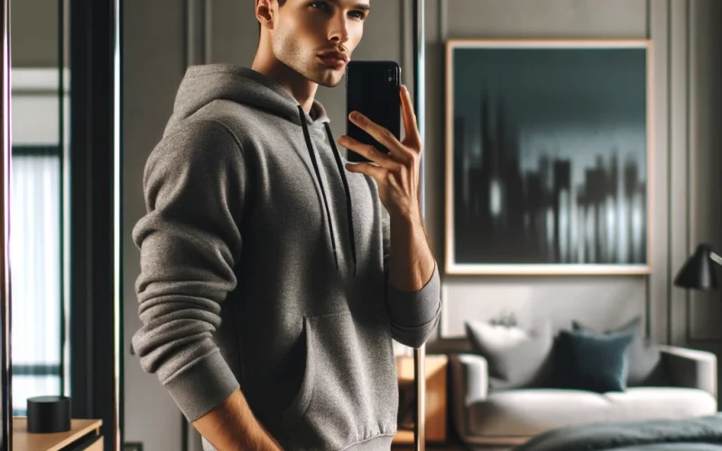 A young man taking a mirror selfie from the side in a contemporary bedroom.