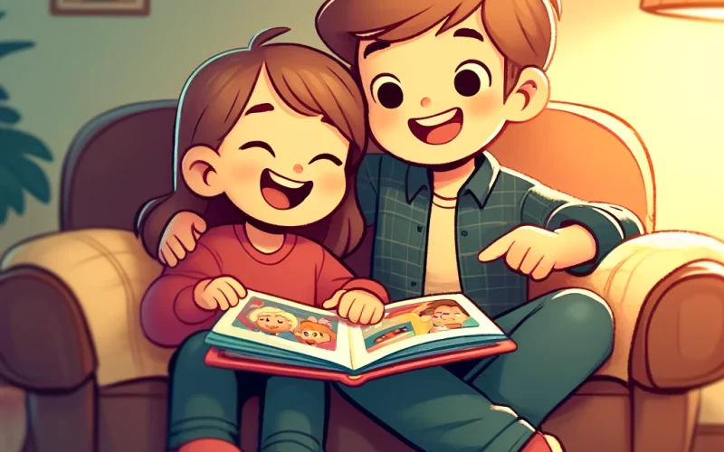 A cartoonish scene showing the bond of brother and sister. They are sitting together on a cozy couch.