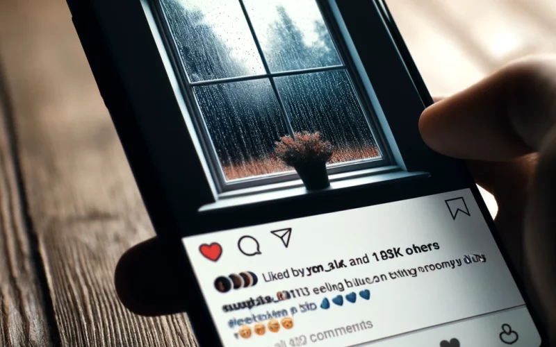 A detailed smartphone screen displaying the Instagram app interface, featuring a sad post.