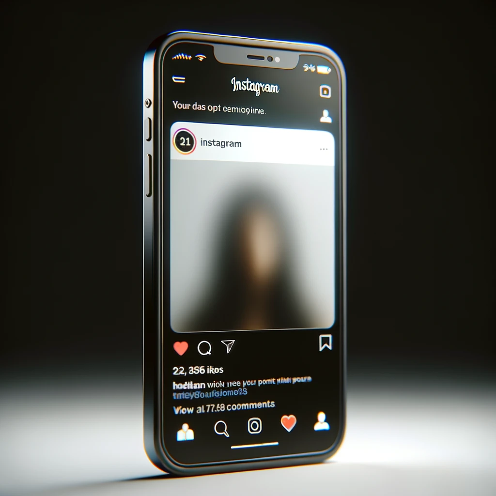 A realistic digital illustration of the Instagram app interface on a smartphone screen, showing a user post with a blurred image. 
